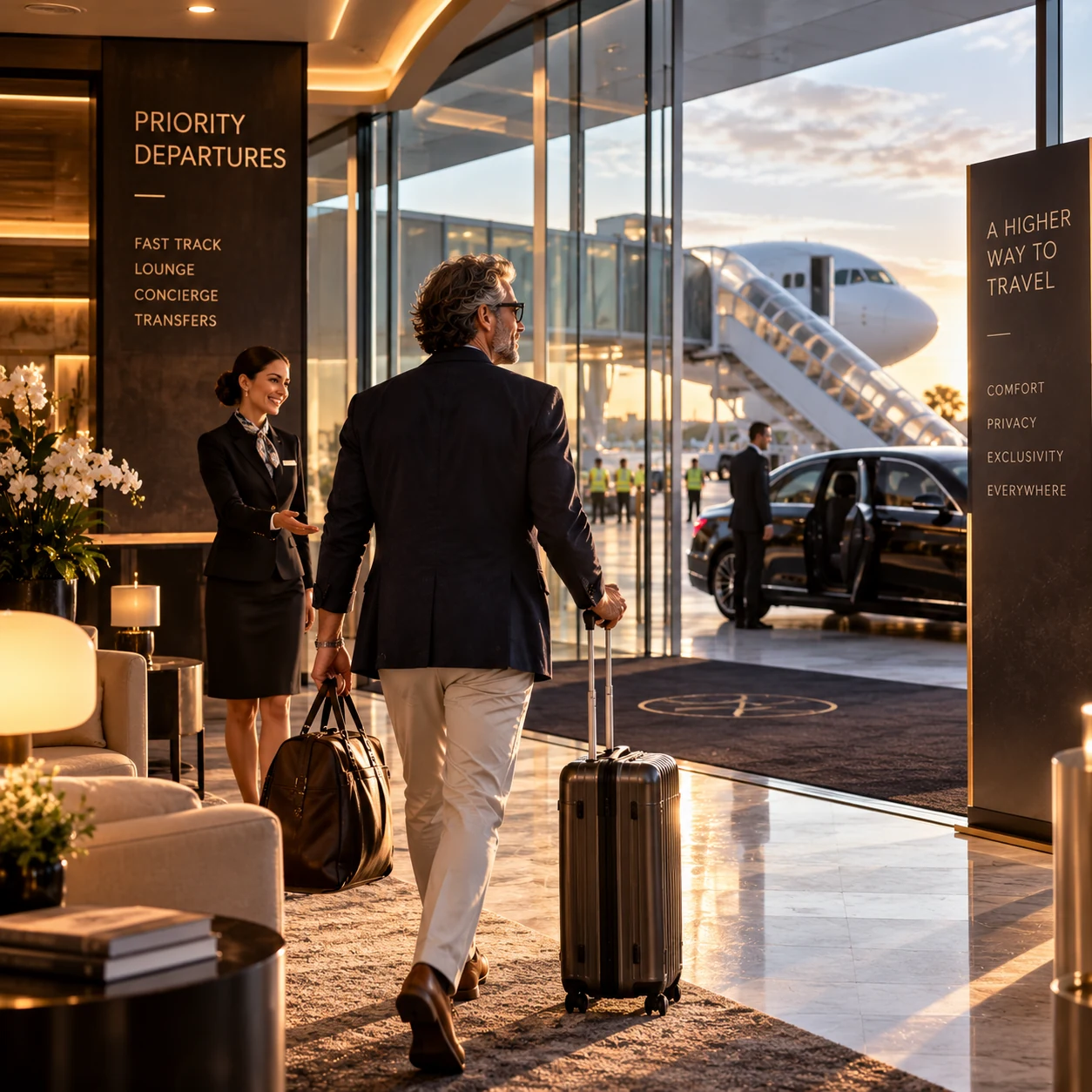 Experiência aeroportuária premium com concierge, privacidade e acesso facilitado à aeronave